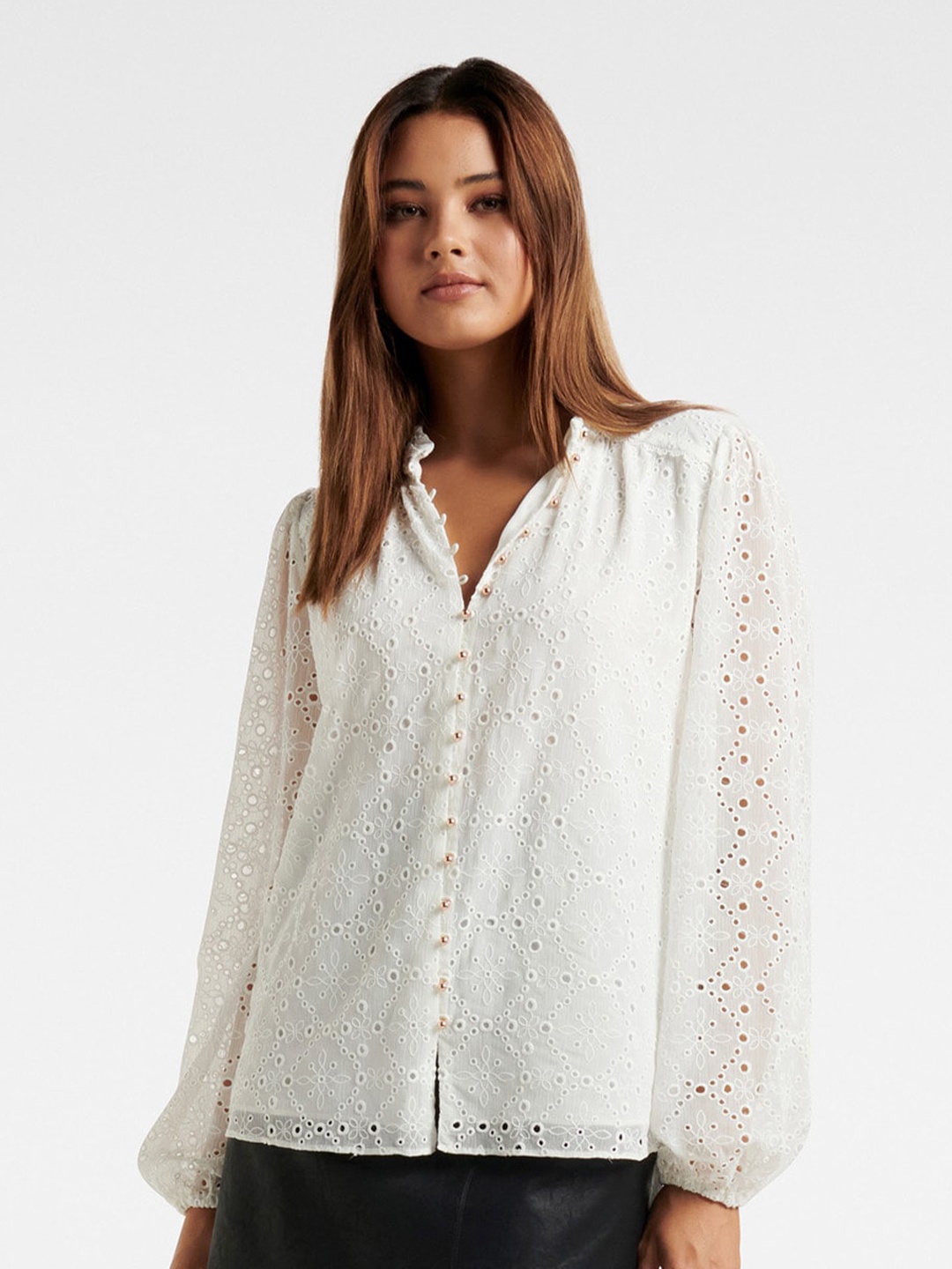 

Forever New Embroidered Mandarin Collar Schiffli Shirt Style Top, White