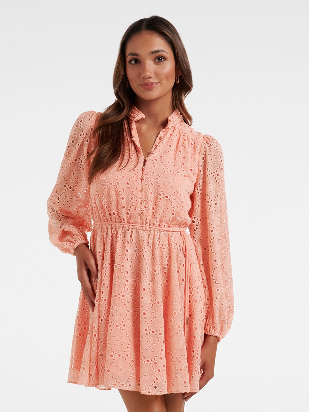 

Forever New Schiffli Self Design Mini Fit & Flared Dress, Peach