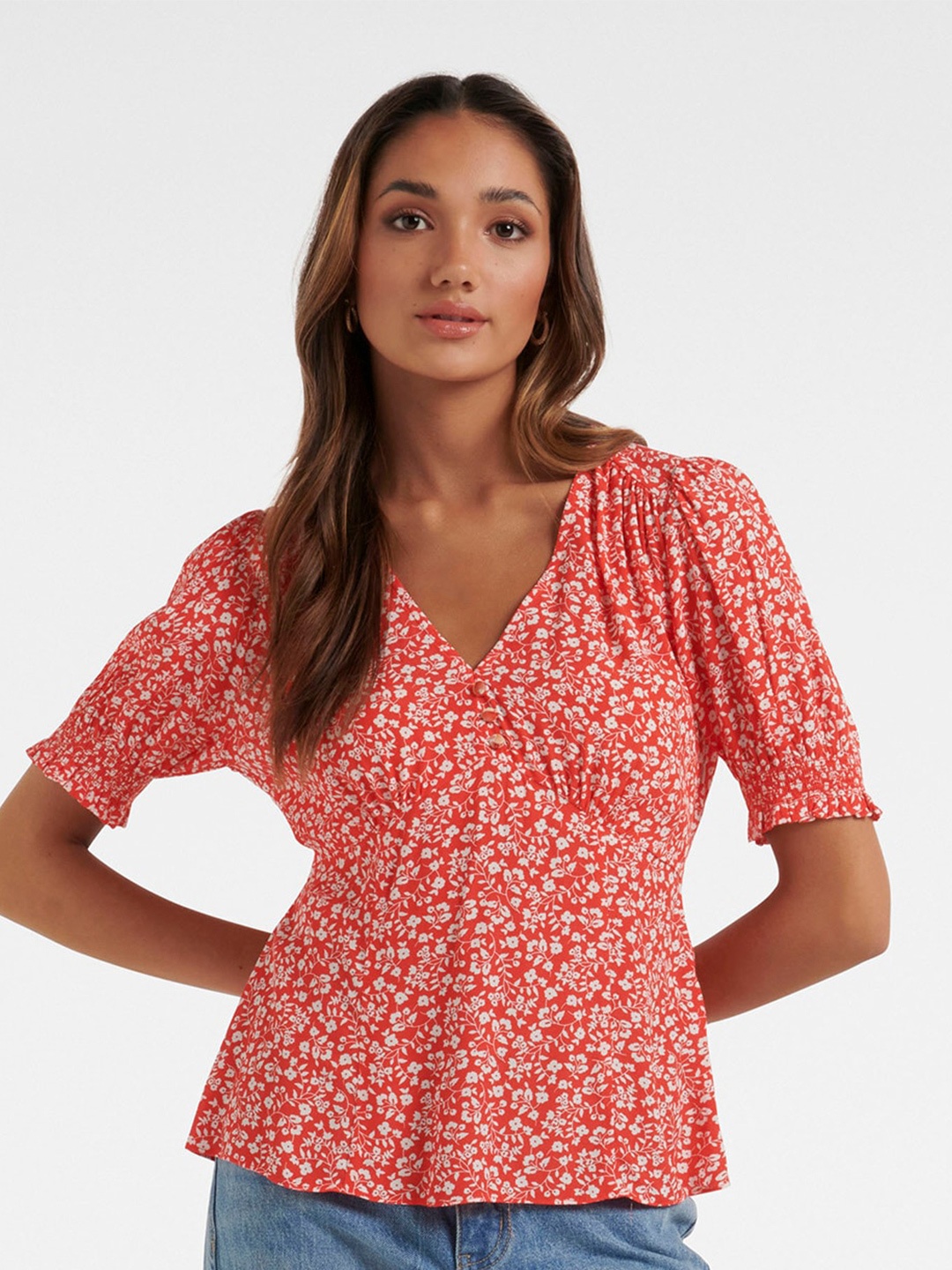

Forever New Floral Printed Puff Sleeves Empire Top, Coral