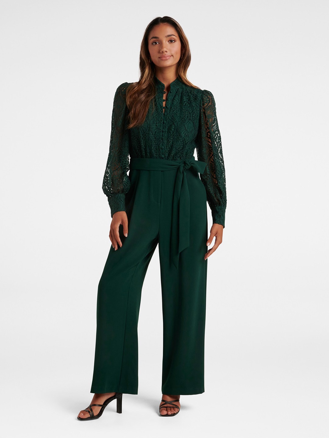 

Forever New Cuffed Sleeves Tie-Up Waist Petite Lace Basic Jumpsuit, Green