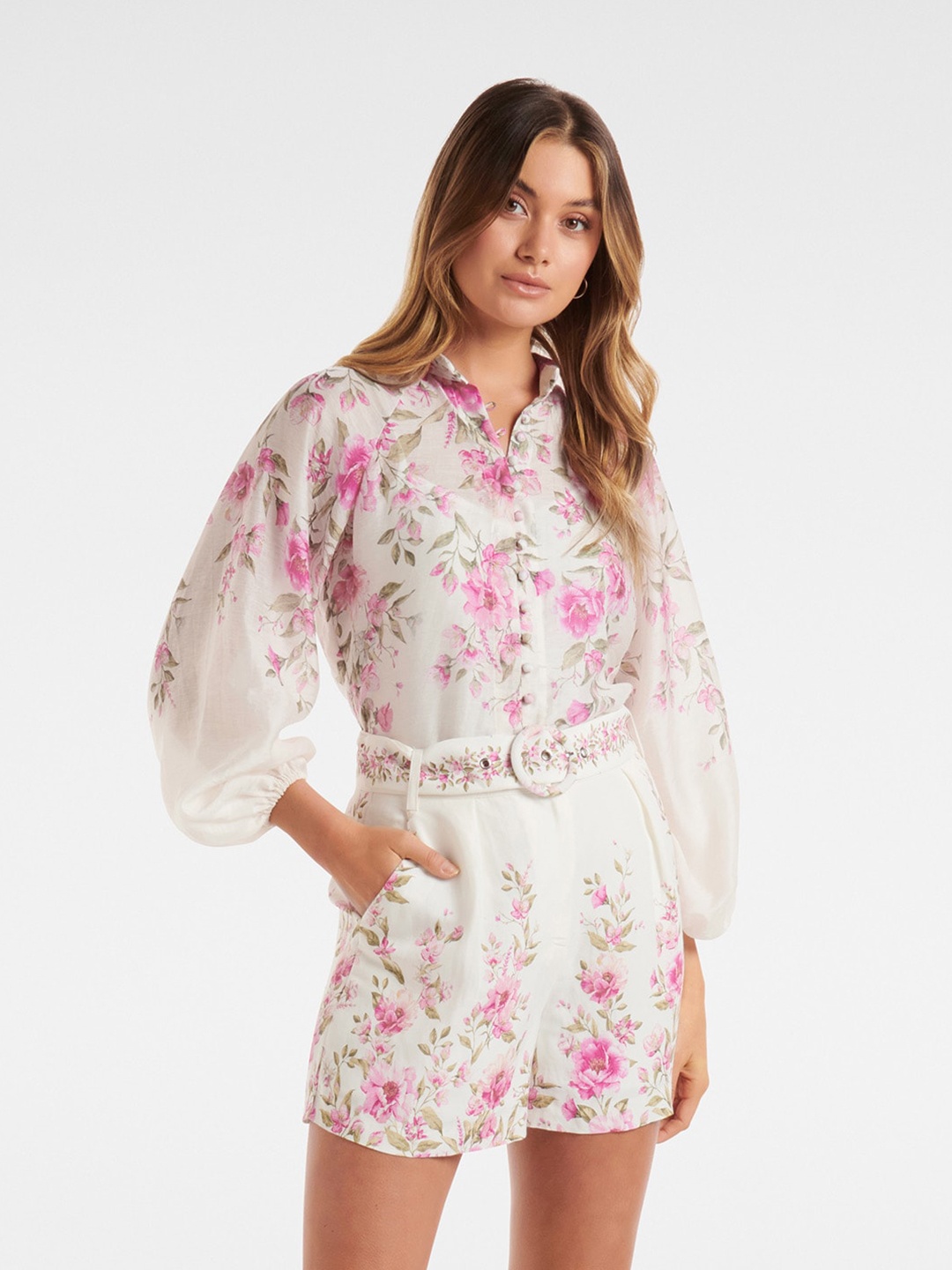 

Forever New White Floral Print Shirt Style Top