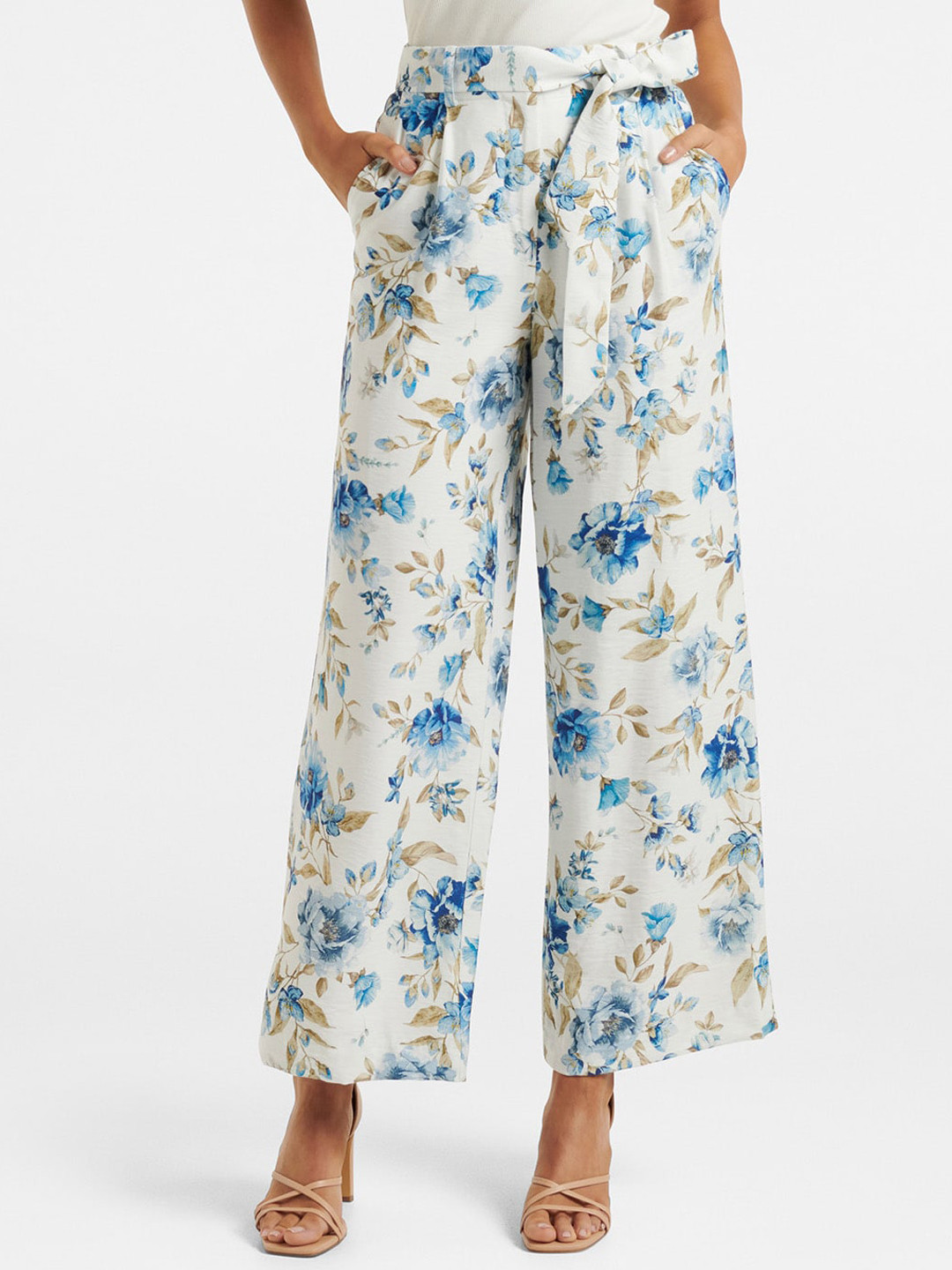 

Forever New Women Floral Printed Loose Fit High-Rise Trousers, White