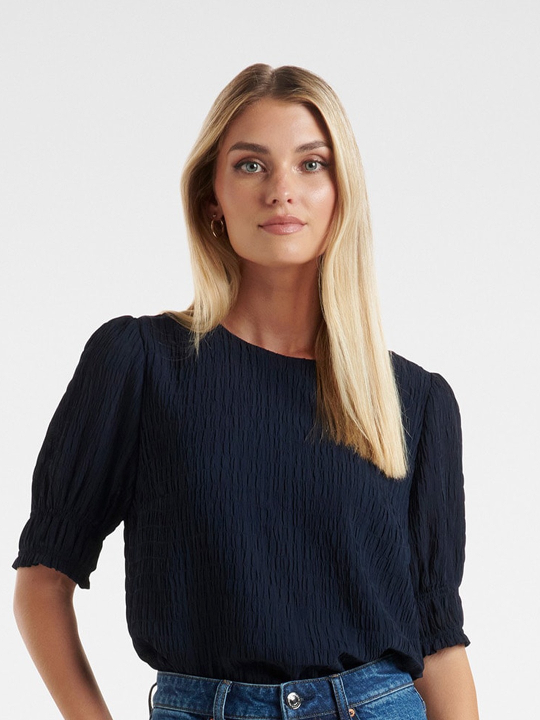 

Forever New Round Neck Puff Sleeves Smocked Top, Navy blue