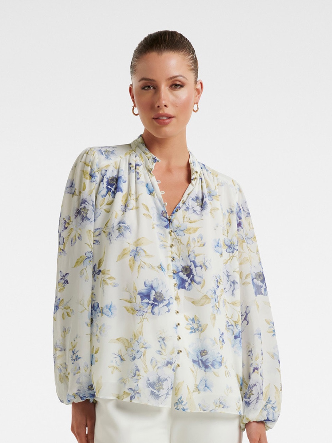 

Forever New Floral Printed Mandarin Collar Shirt Style Top, White