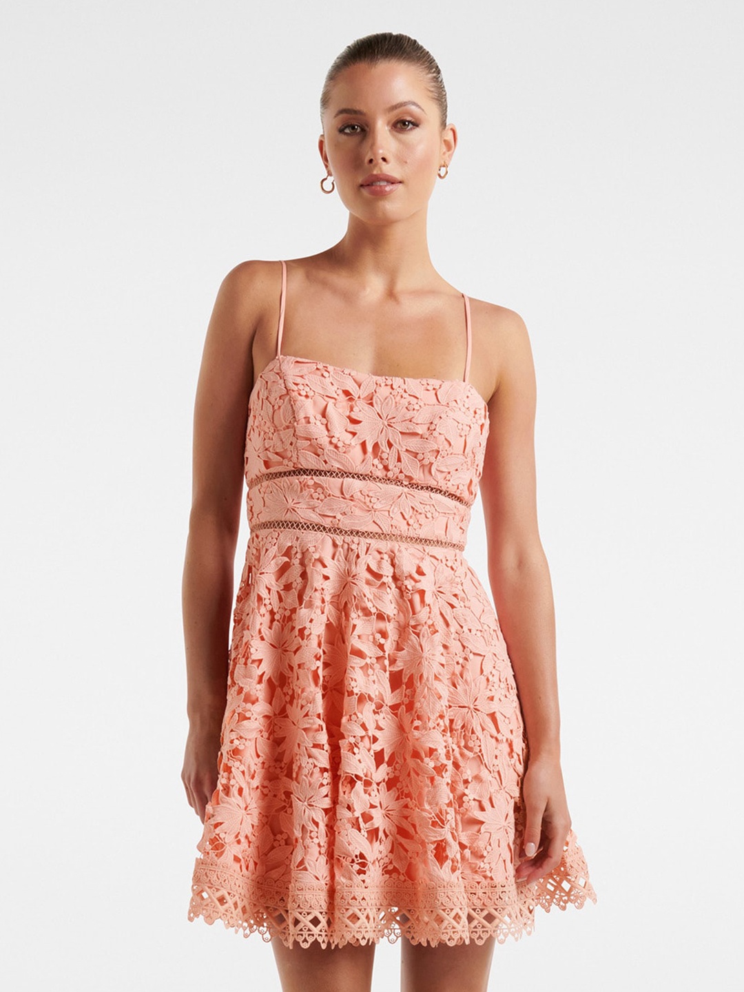 

Forever New Self Design Shoulder Straps Lace Fit & Flared Dress, Peach