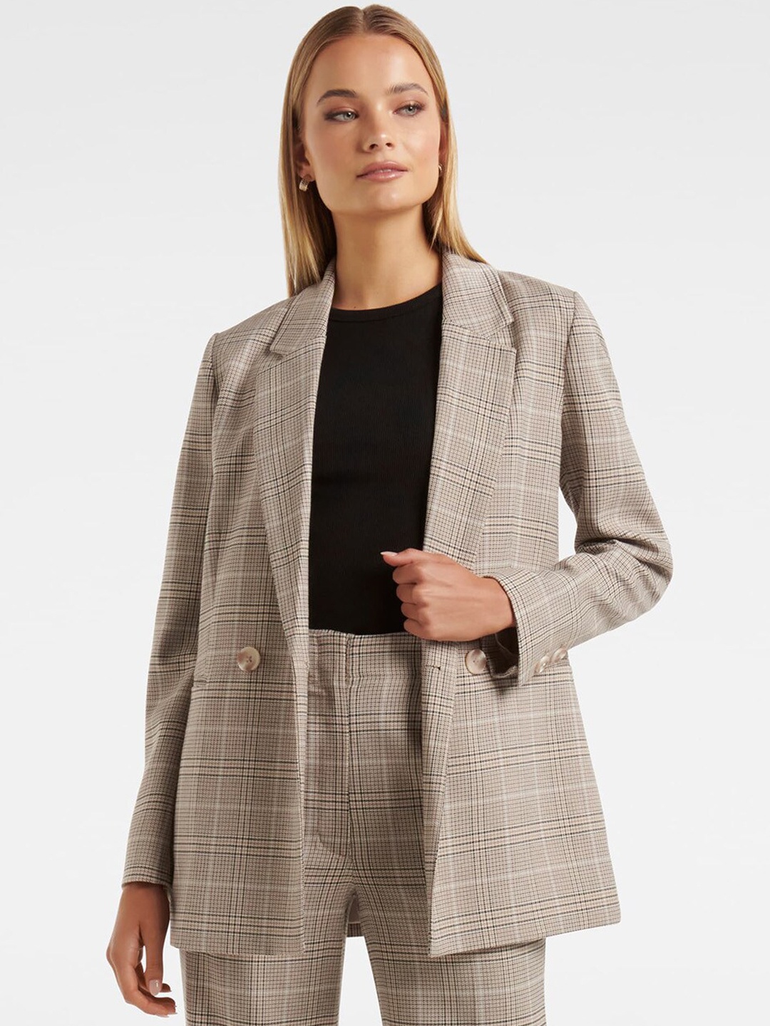 

FOREVER NEW Women Checked Single-Breasted Blazers, Brown