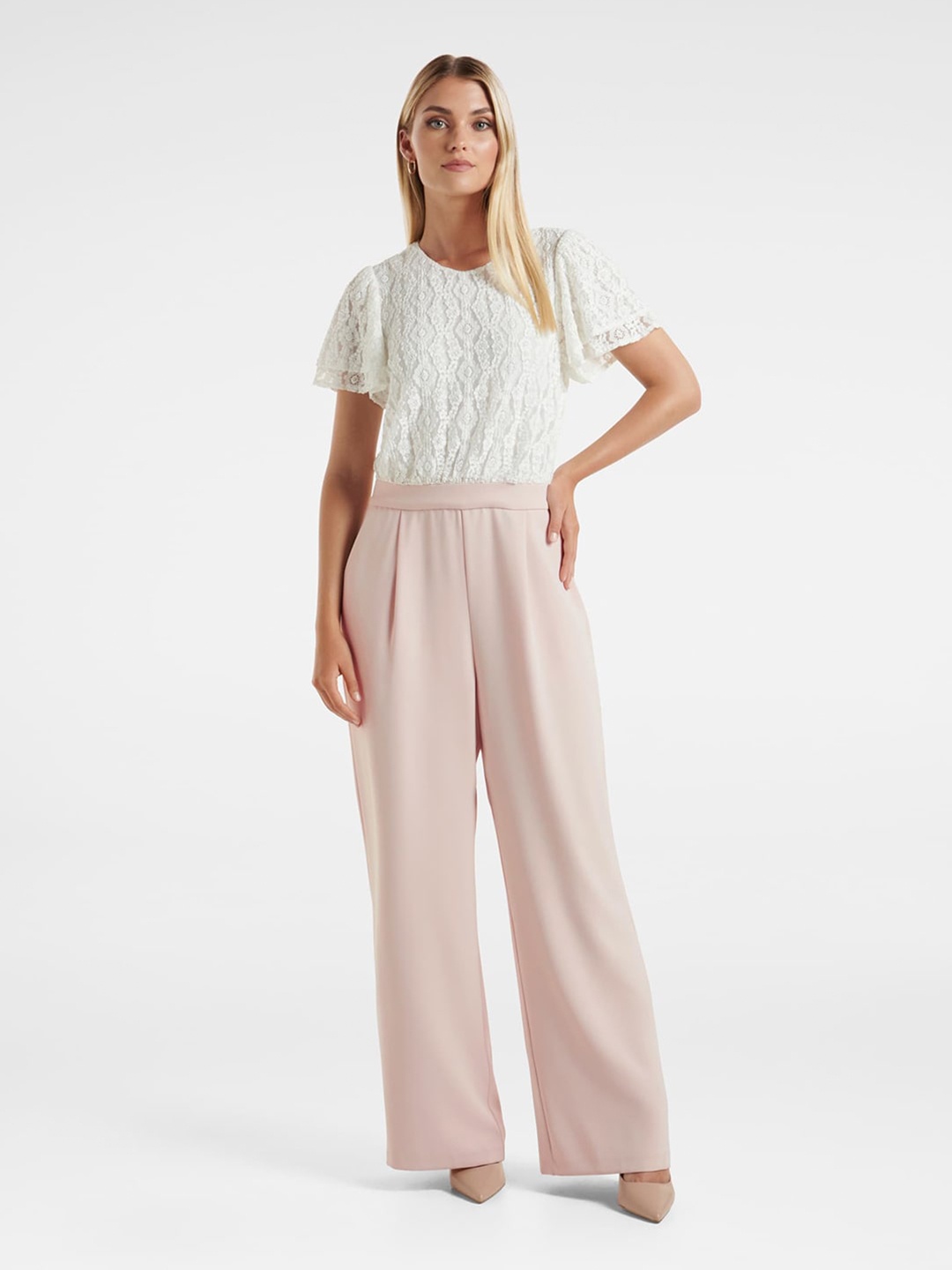

Forever New Self Design Flutter Sleeves Lace Basic Jumpsuit, White