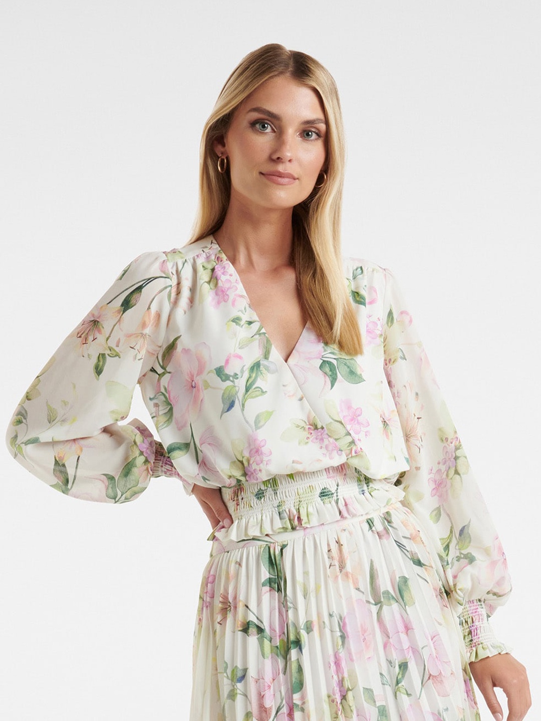 

Forever New Floral Printed Wrap Top, White