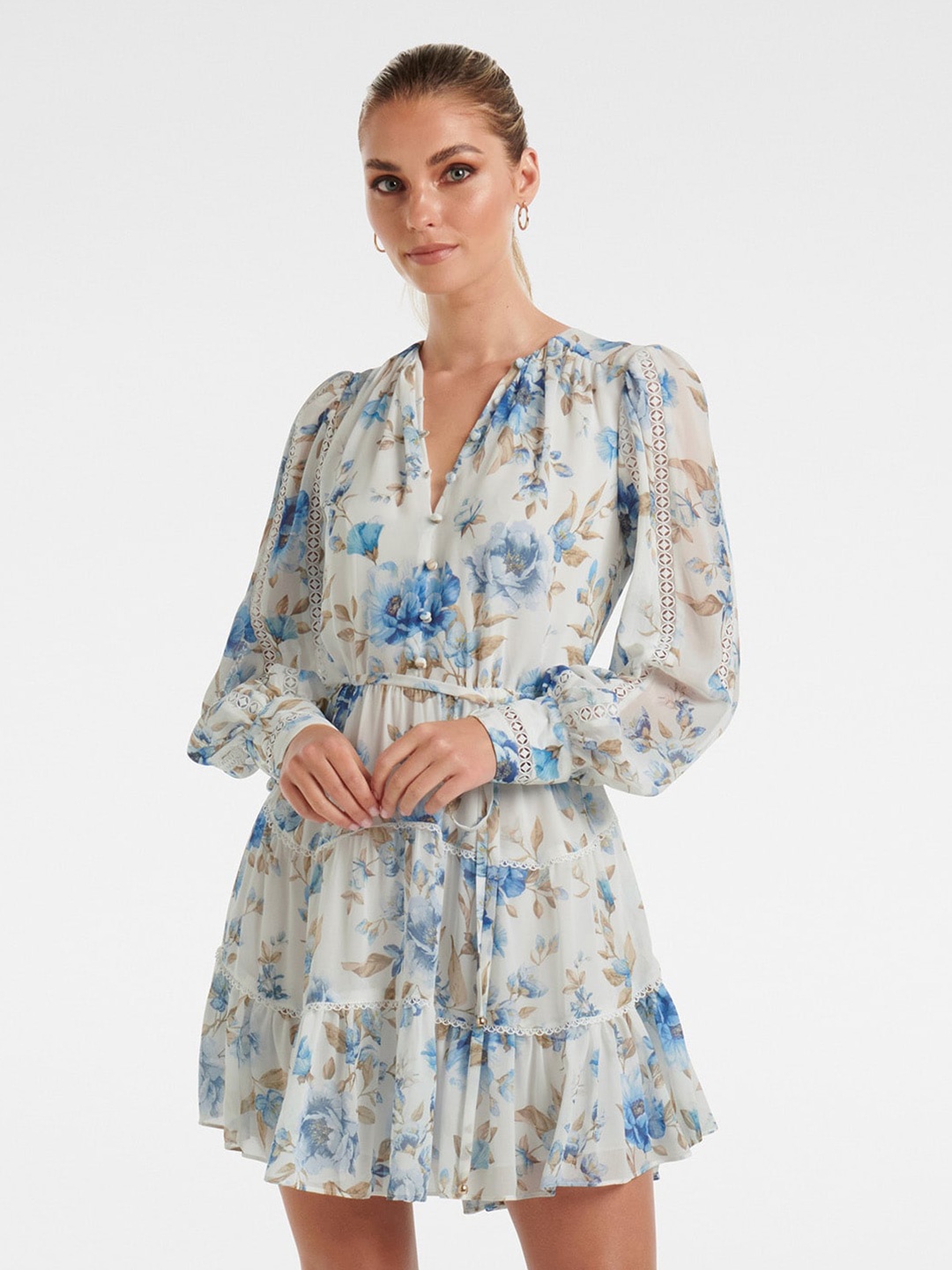 

Forever New Tiered Floral Printed Fit & Flared Dress, White