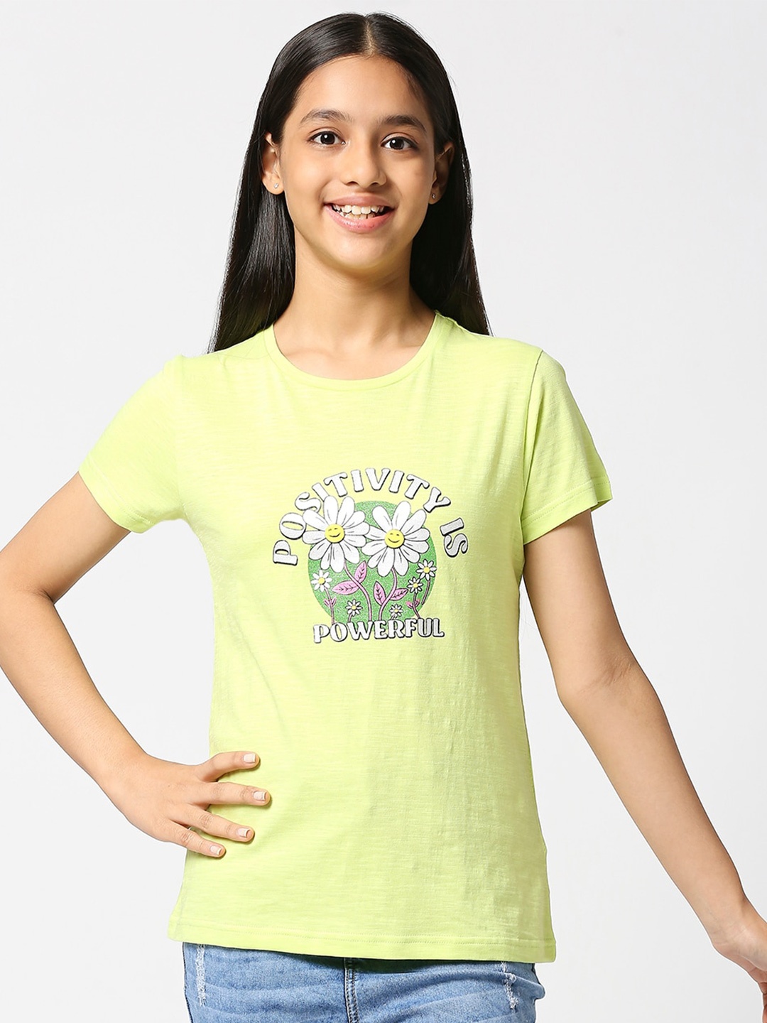 

JUSTICE Girls Floral Printed Round Neck Cotton T-shirt, Lime green