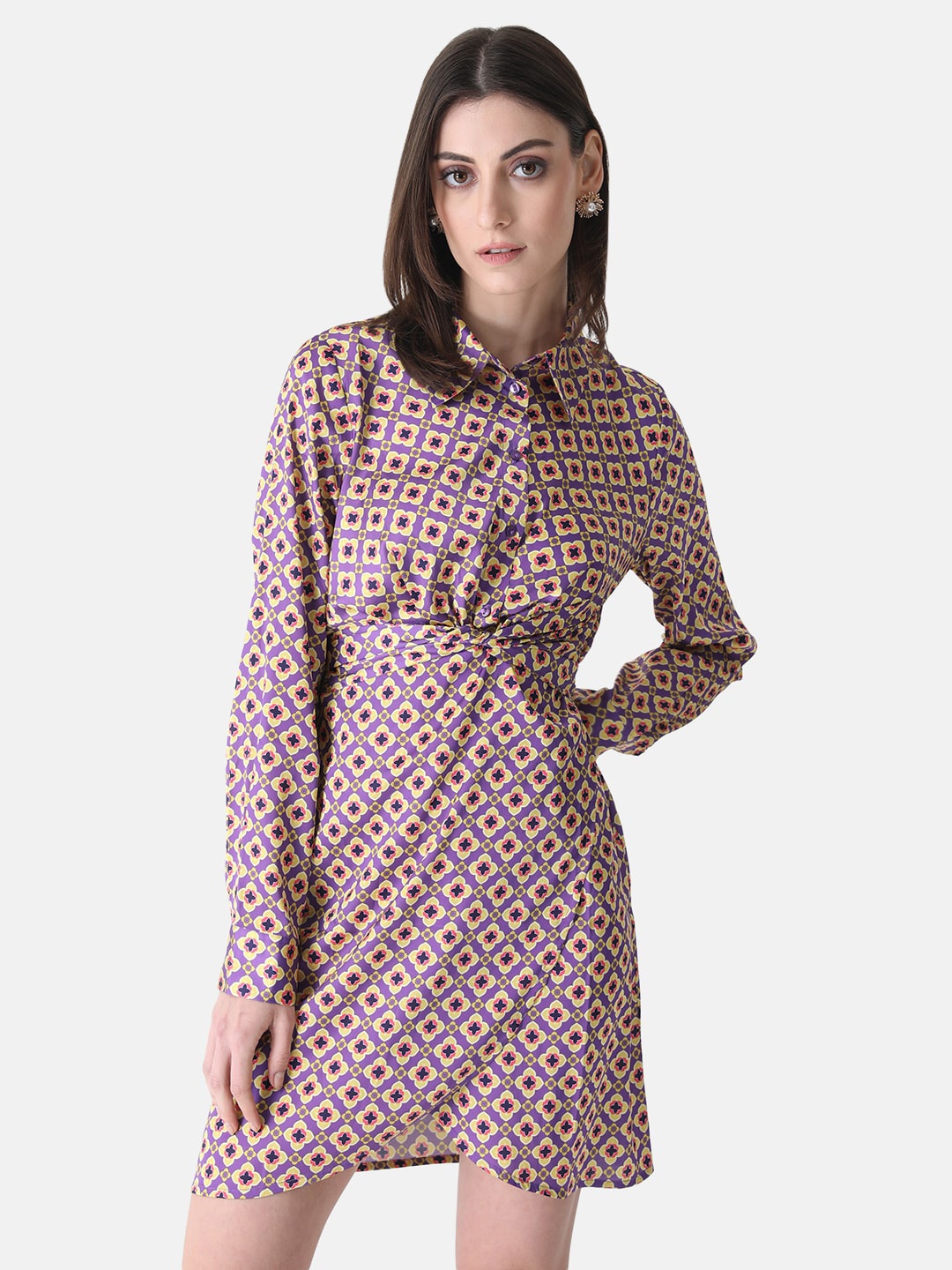 

Kazo Shirt Collar Ethnic Motifs Printed Tie-Up Satin Wrap Dress, Purple