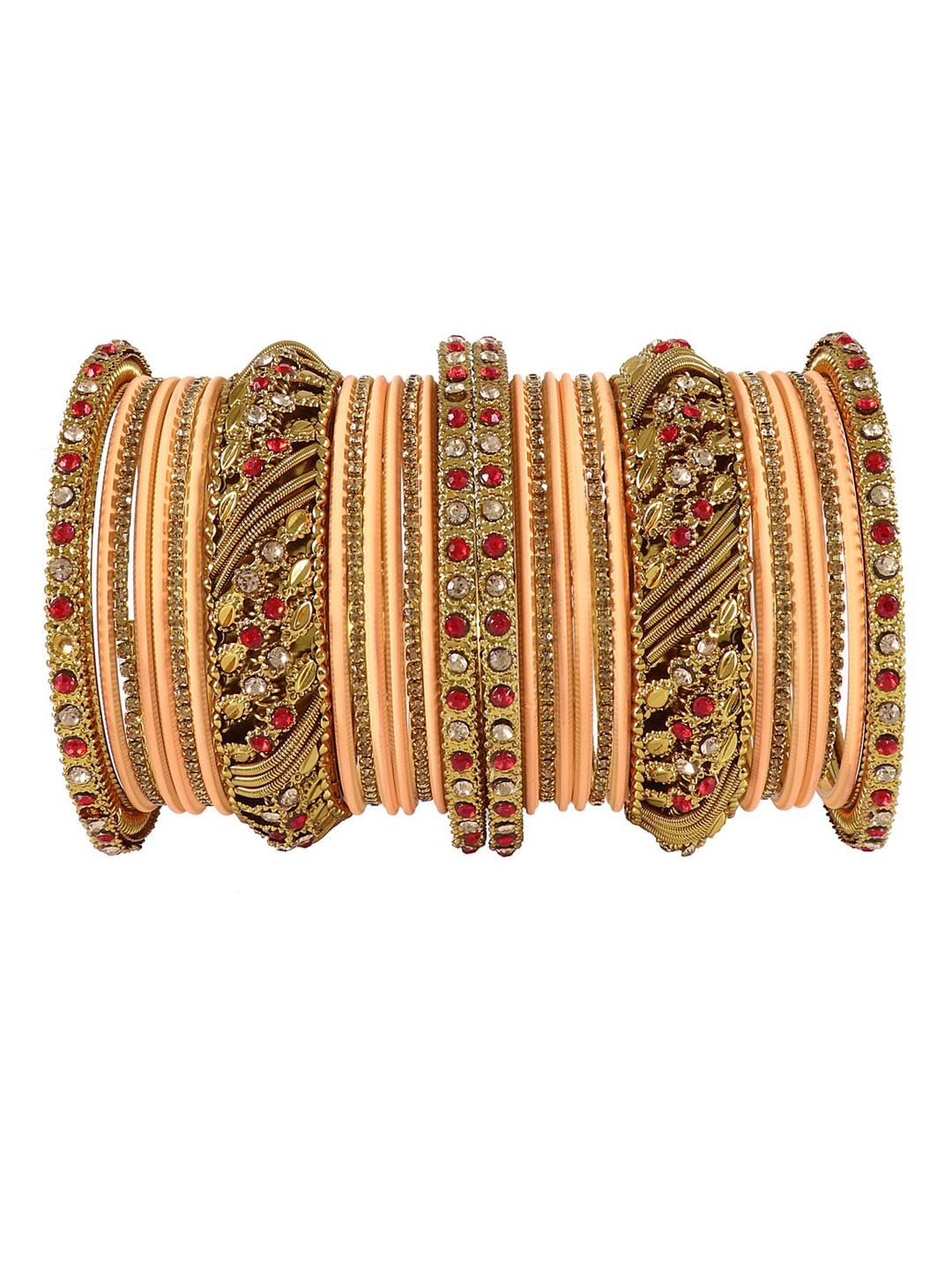 

NMII Set Of 30 Zircon Stone Studded Chuda Bangles, Peach