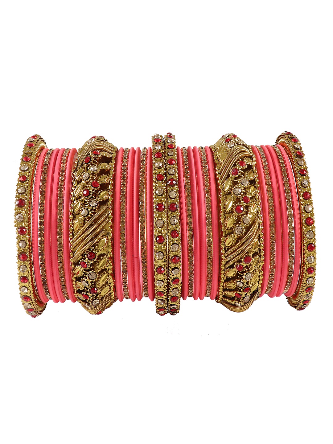 

NMII Set Of 30 Zircon Stone Studded Chuda Bangles, Pink