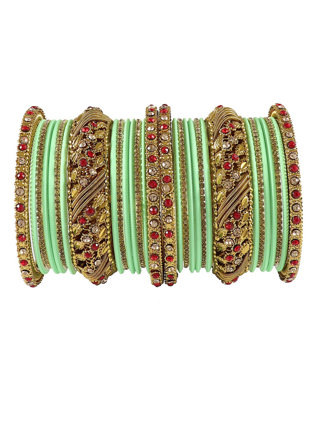 

NMII Set Of 30 Zircon Studded Flower & Leaf Bangles, Sea green