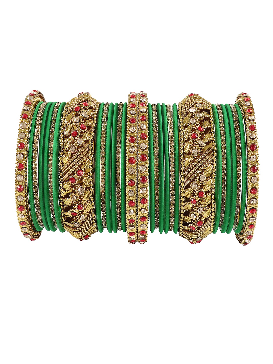 

NMII Set Of 30 CZ-Studded & Beaded Flower Shaped Chuda Bangles, Green