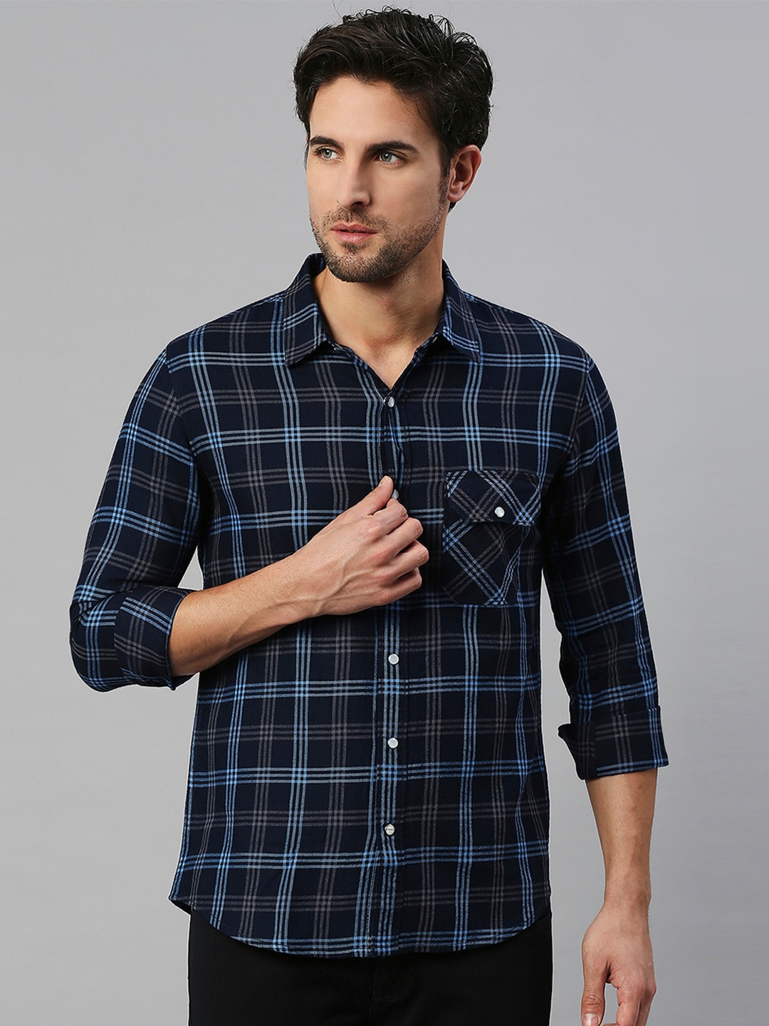 

Solemio Tartan Checked Slim Fit Pure Cotton Casual Shirt, Navy blue