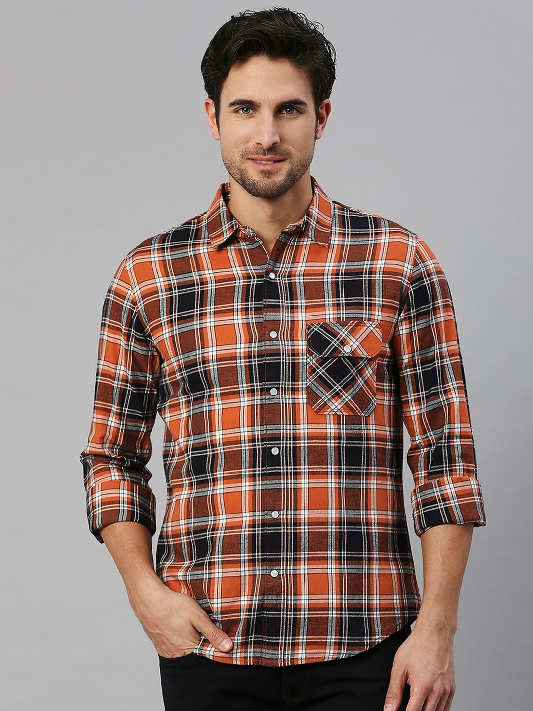 

Solemio Tartan Checked Slim Fit Pure Cotton Casual Shirt, Orange