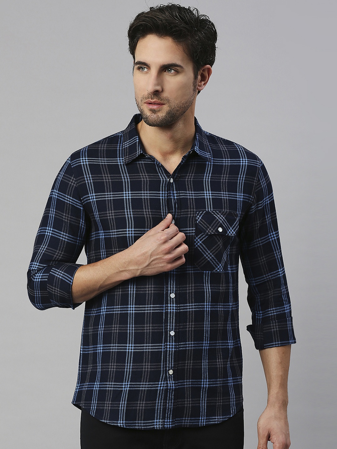 

Solemio Tartan Checked Slim Fit Pure Cotton Casual Shirt, Navy blue