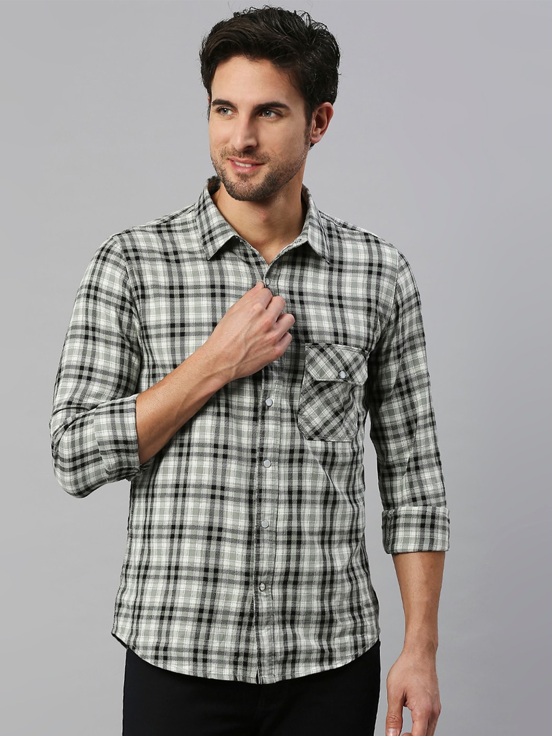 

Solemio Tartan Checks Cotton Casual Shirt, Green