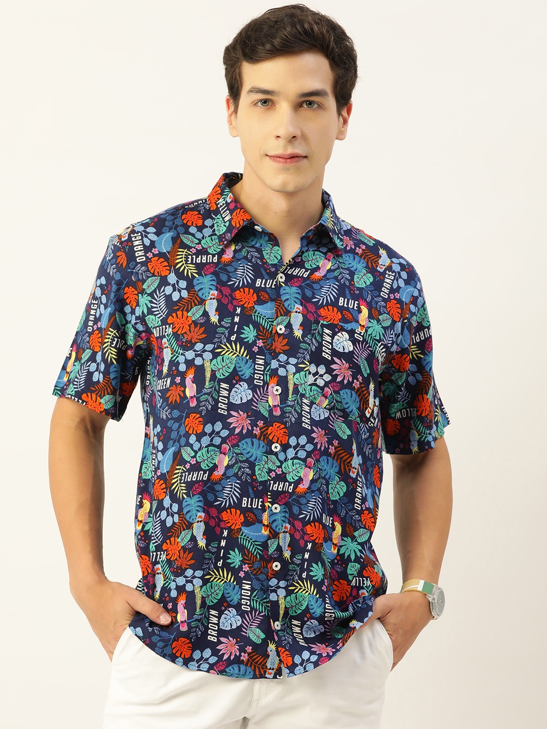 

CrayonFlakes Men Comfort Floral Printed Casual Shirt, Navy blue