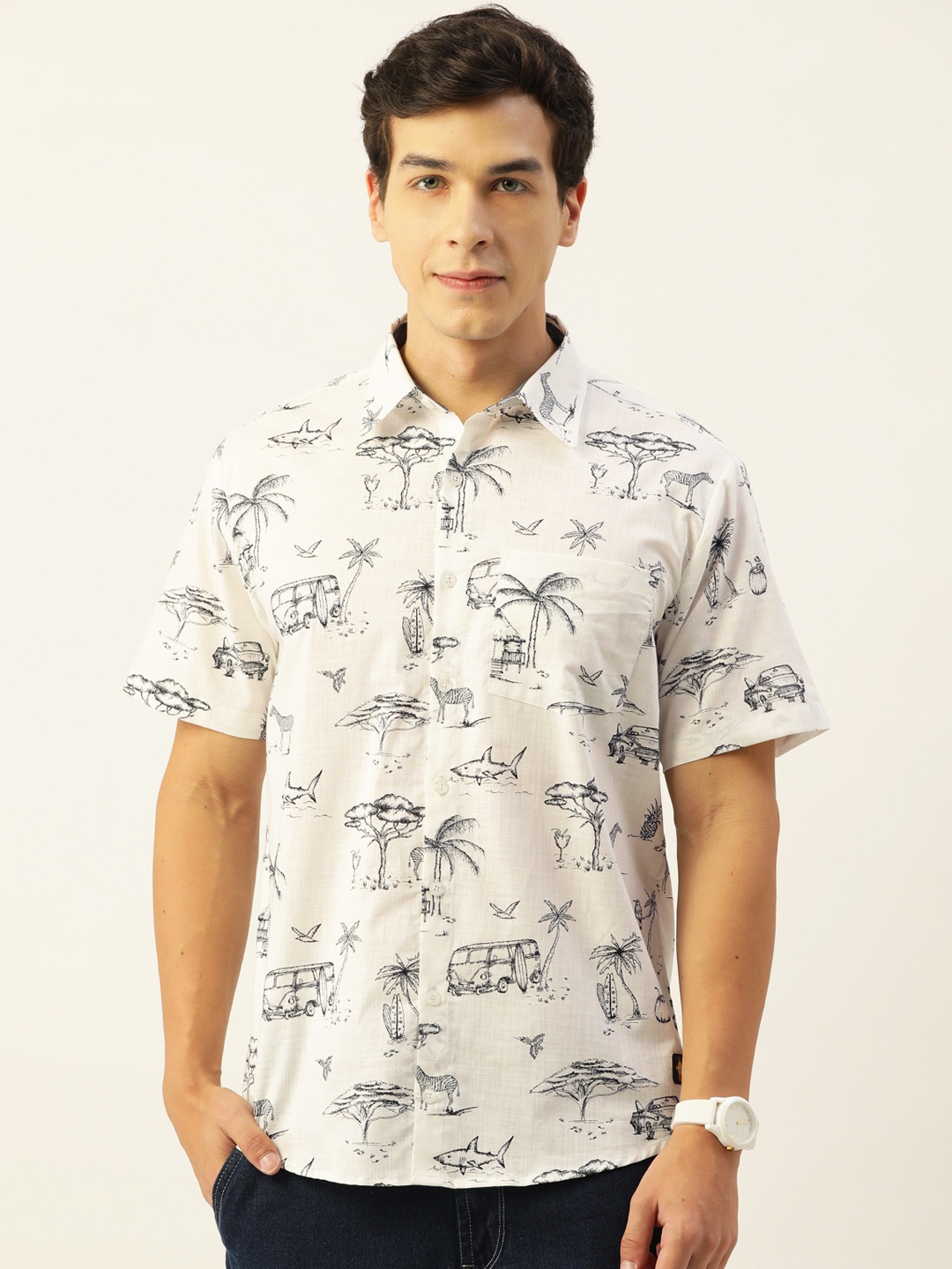 

CrayonFlakes Men Comfort Opaque Printed Casual Shirt, Off white