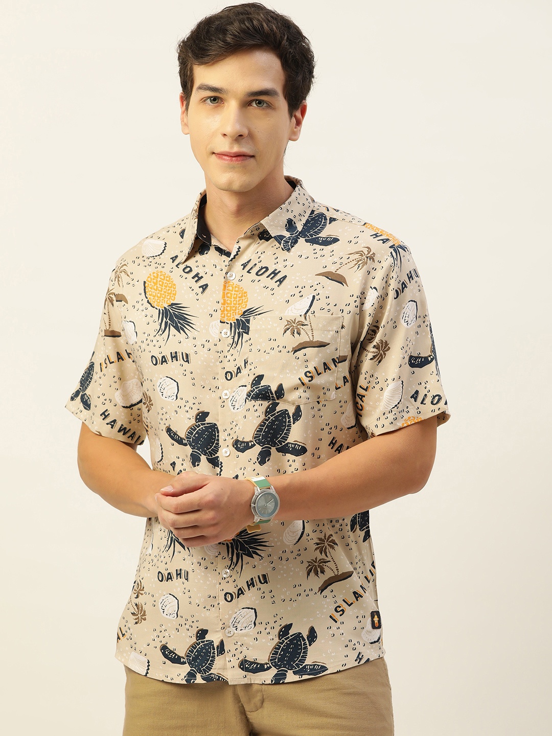 

CrayonFlakes Men Comfort Printed Casual Shirt, Beige