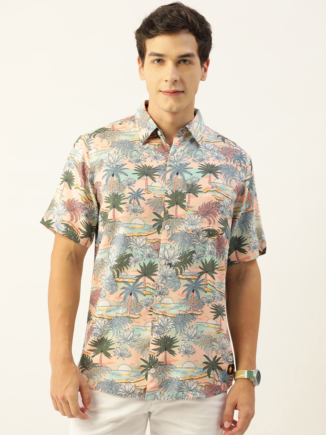 

CrayonFlakes Men Comfort Floral Printed Casual Shirt, Peach