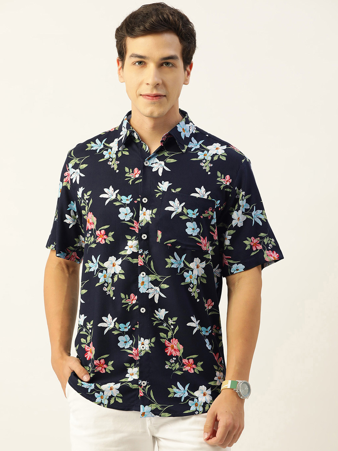 

CrayonFlakes Men Comfort Floral Printed Casual Shirt, Navy blue