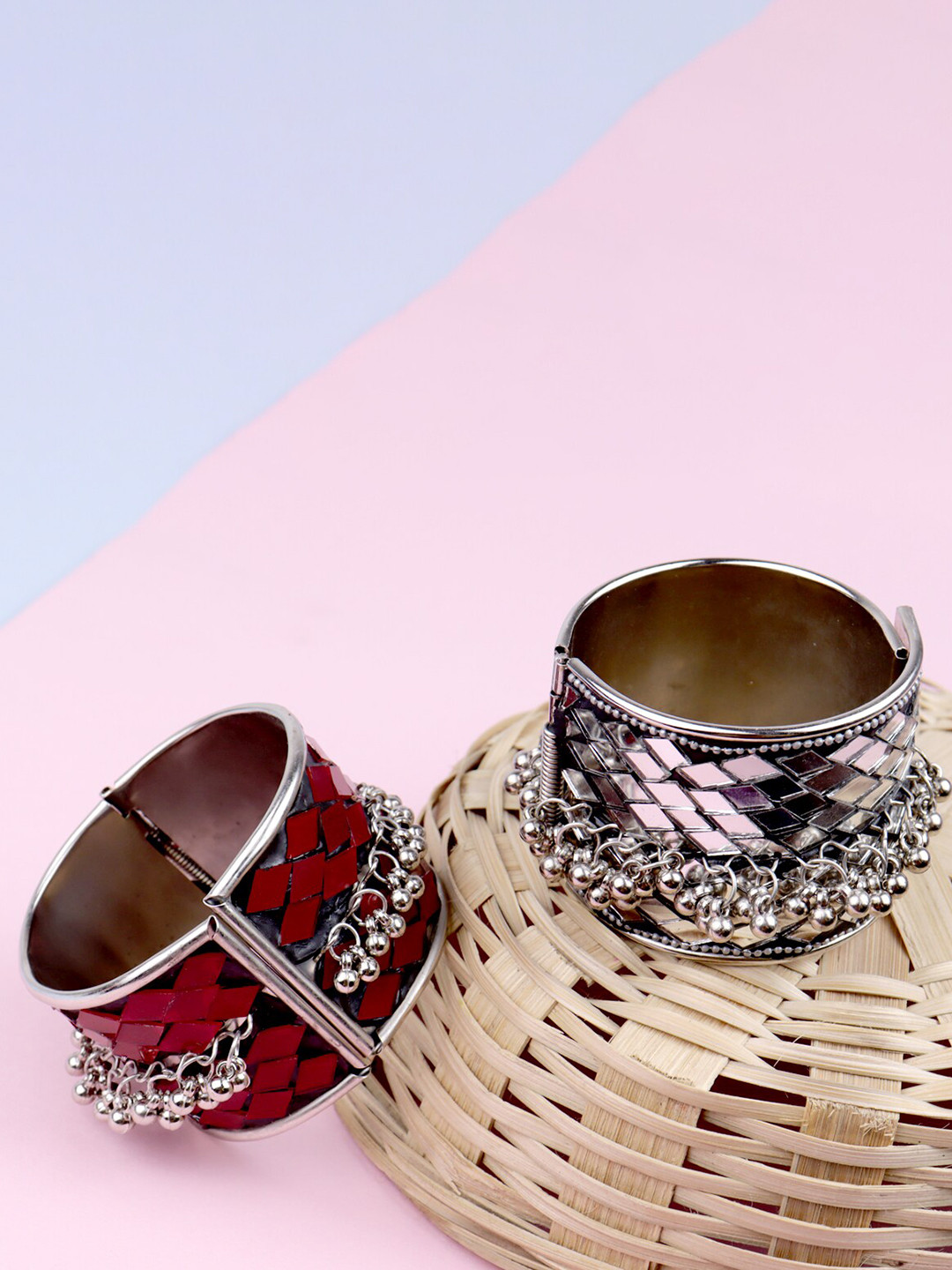 

VAGHBHATT Pack of 2 Silver Oxidised Cuff Bracelet, Red