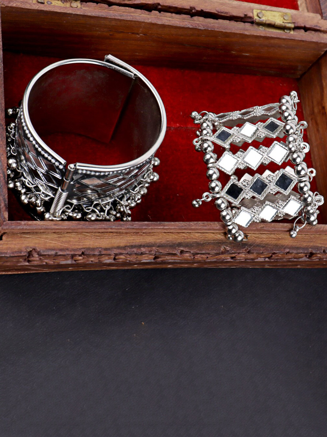 

VAGHBHATT Pack of 2 Silver Oxidised Cuff Bracelets, Black