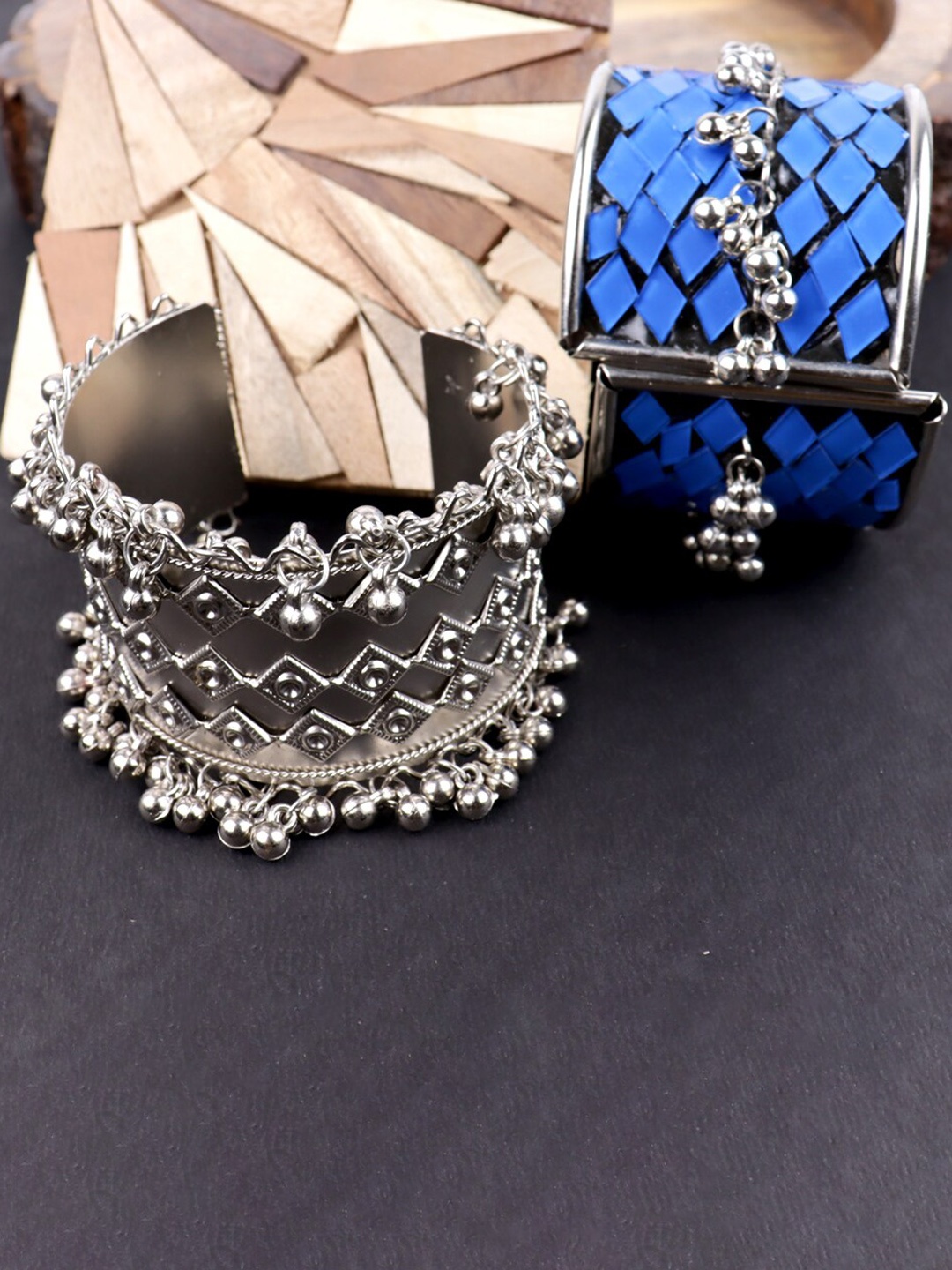 

VAGHBHATT Set of 2 Sterling Silver Oxidised Silver-Plated Cuff Bracelet, Blue