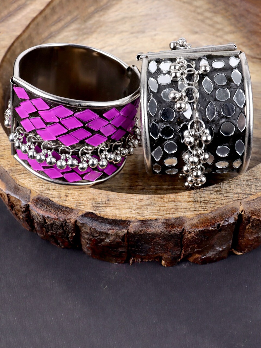 

VAGHBHATT Pack of 2 Silver Oxidised Cuff Bracelet, Pink