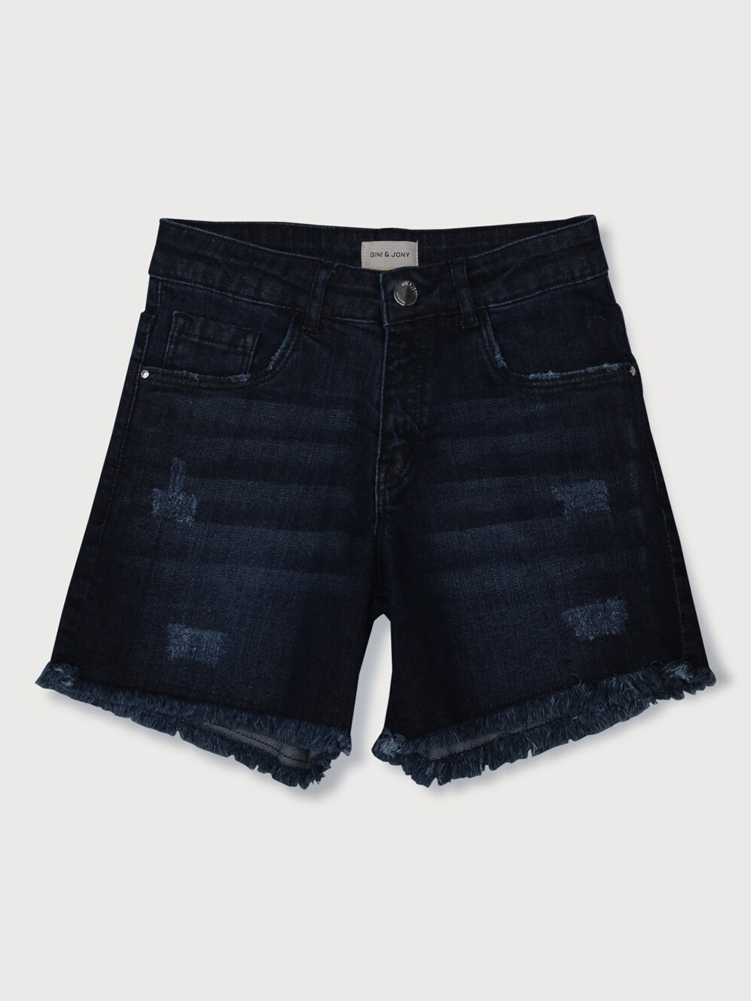 

Gini and Jony Girls Washed Distressed Mid Rise Frayed Denim Shorts, Navy blue