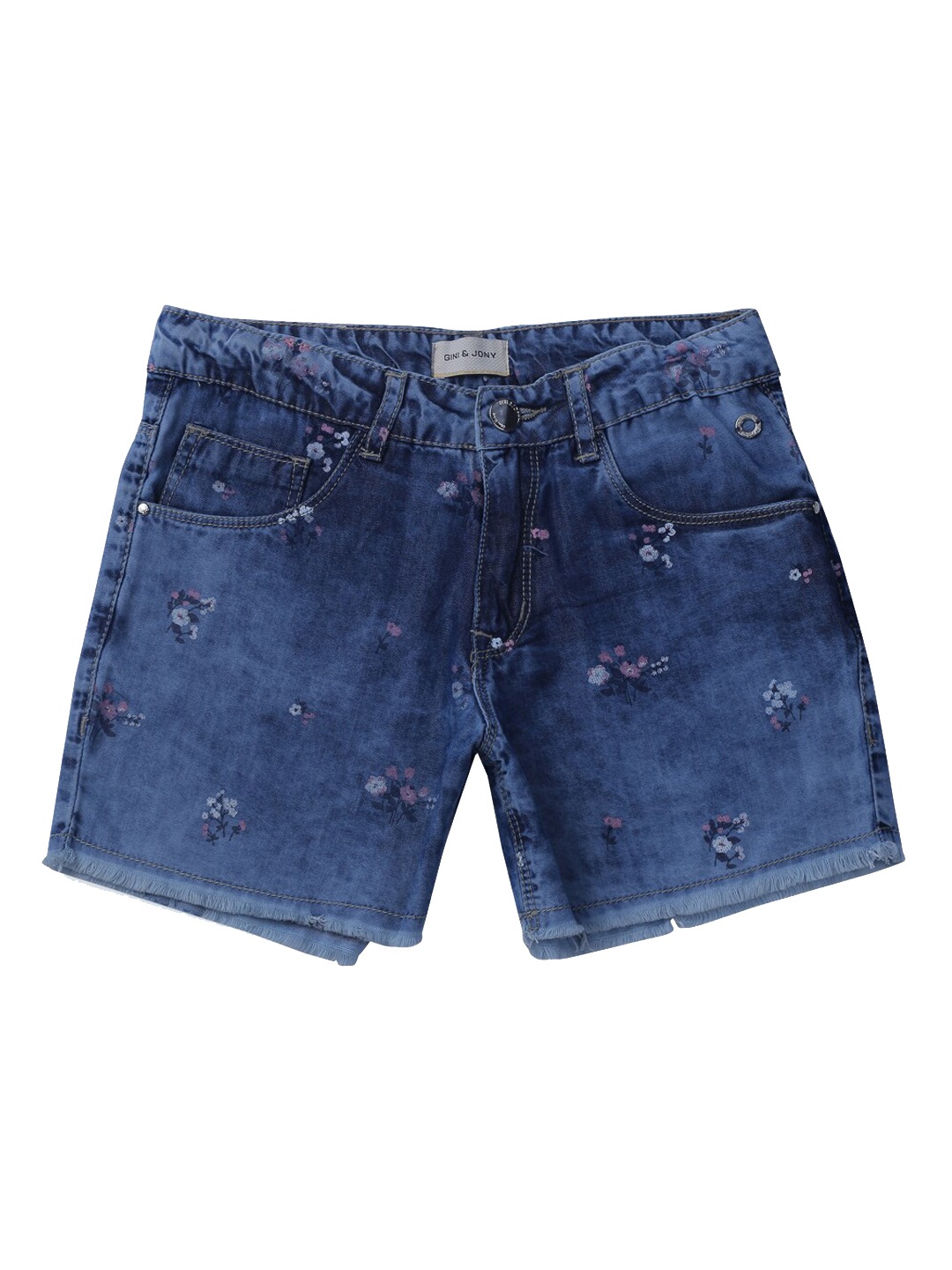 

Gini and Jony Girls Floral Printed Washed Mid Rise Denim Shorts, Blue