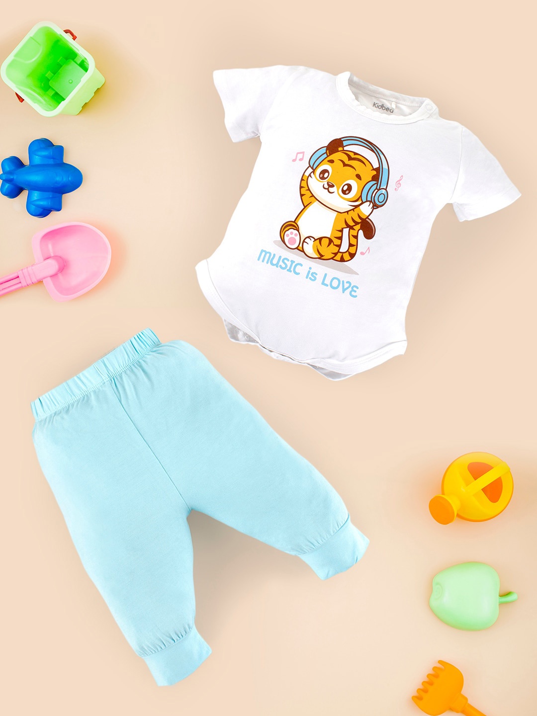 

Kidbea Girls White & Blue Printed Romper with Trousers