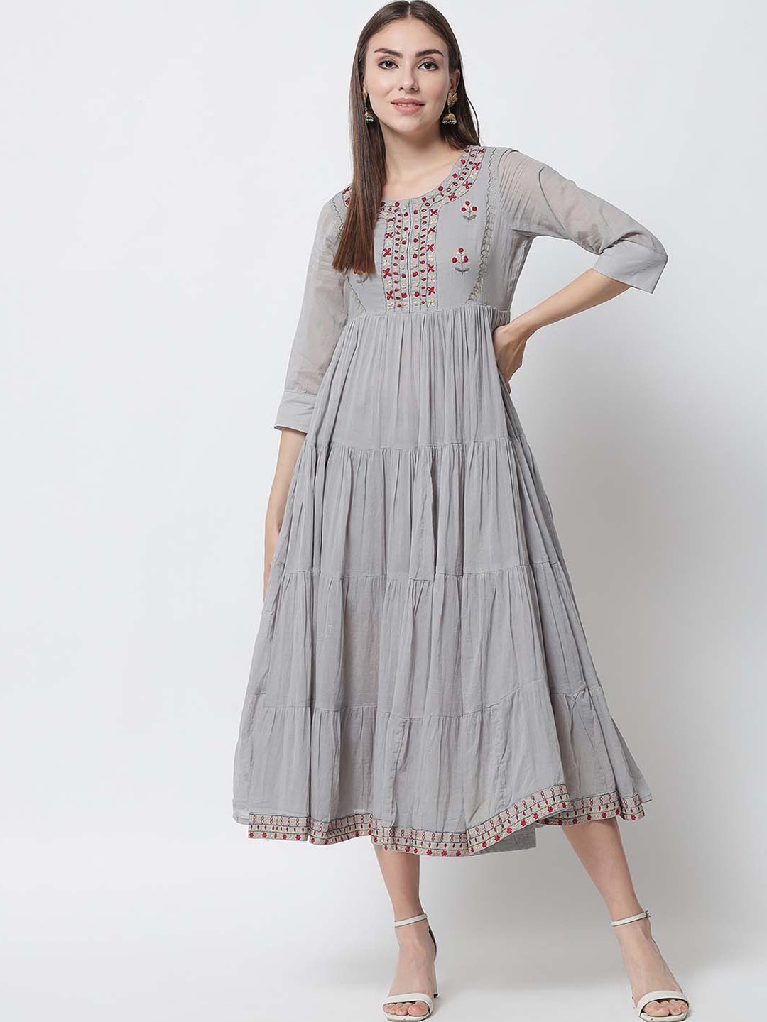 

Nehamta Ethnic Embroidered Tiered Cotton Midi Fit & Flared Dress, Grey