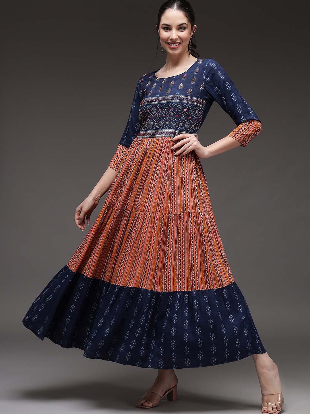 

Nehamta Ethnic Motifs Printed Midi Fit & Flare Ethnic Dress, Navy blue