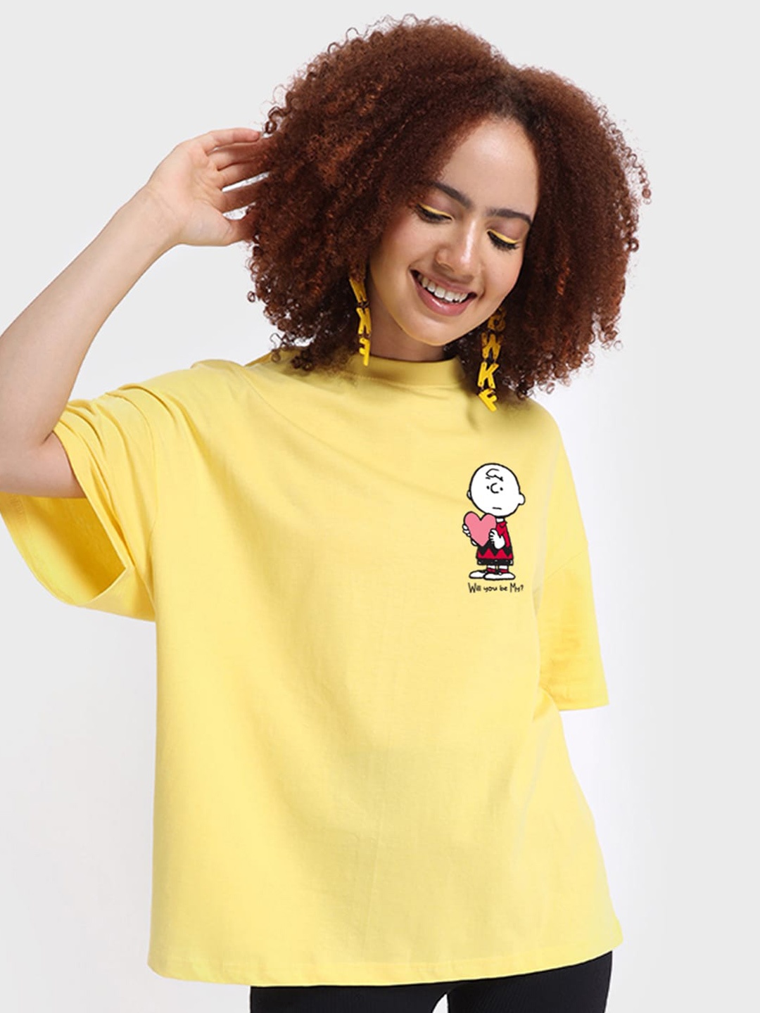 

Bewakoof Drop-Shoulder Sleeves Cotton T-shirt, Yellow