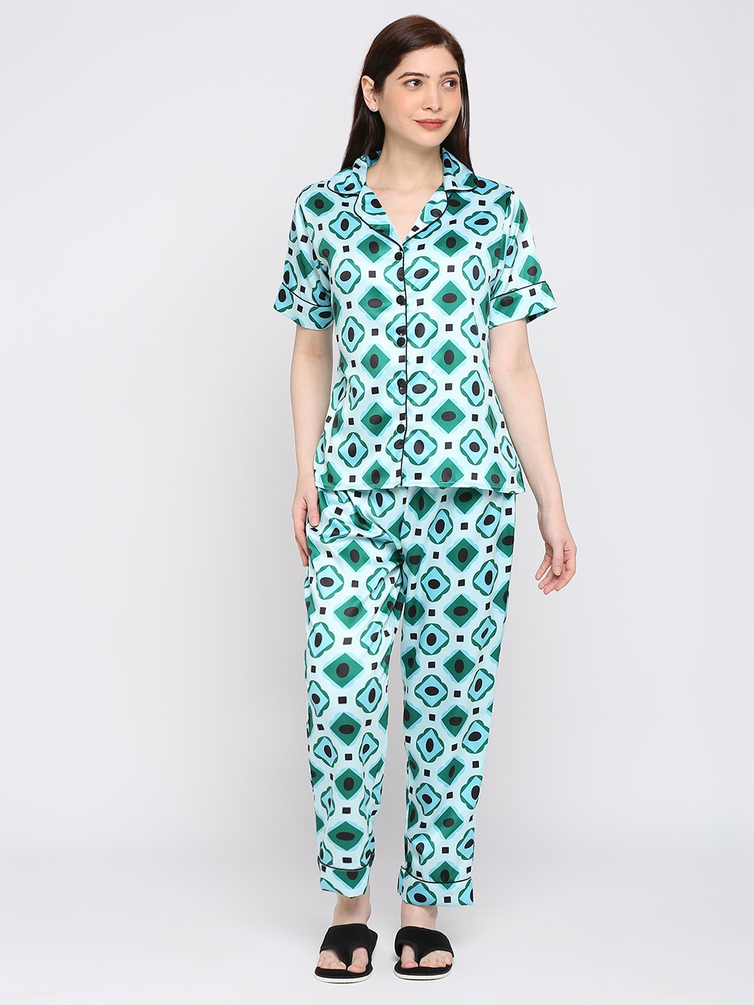 

Smarty Pants Geometric Printed Satin Night Suit, Green