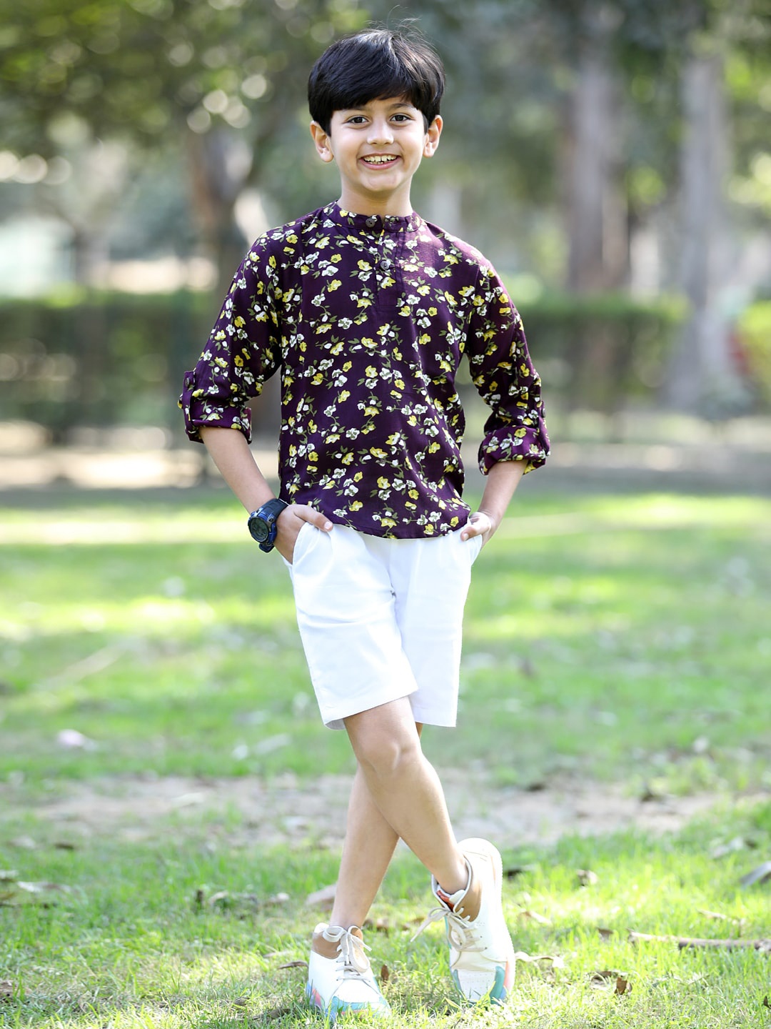 

Cutiekins Boys Printed Mandarin Collar T-shirt with Shorts, Purple