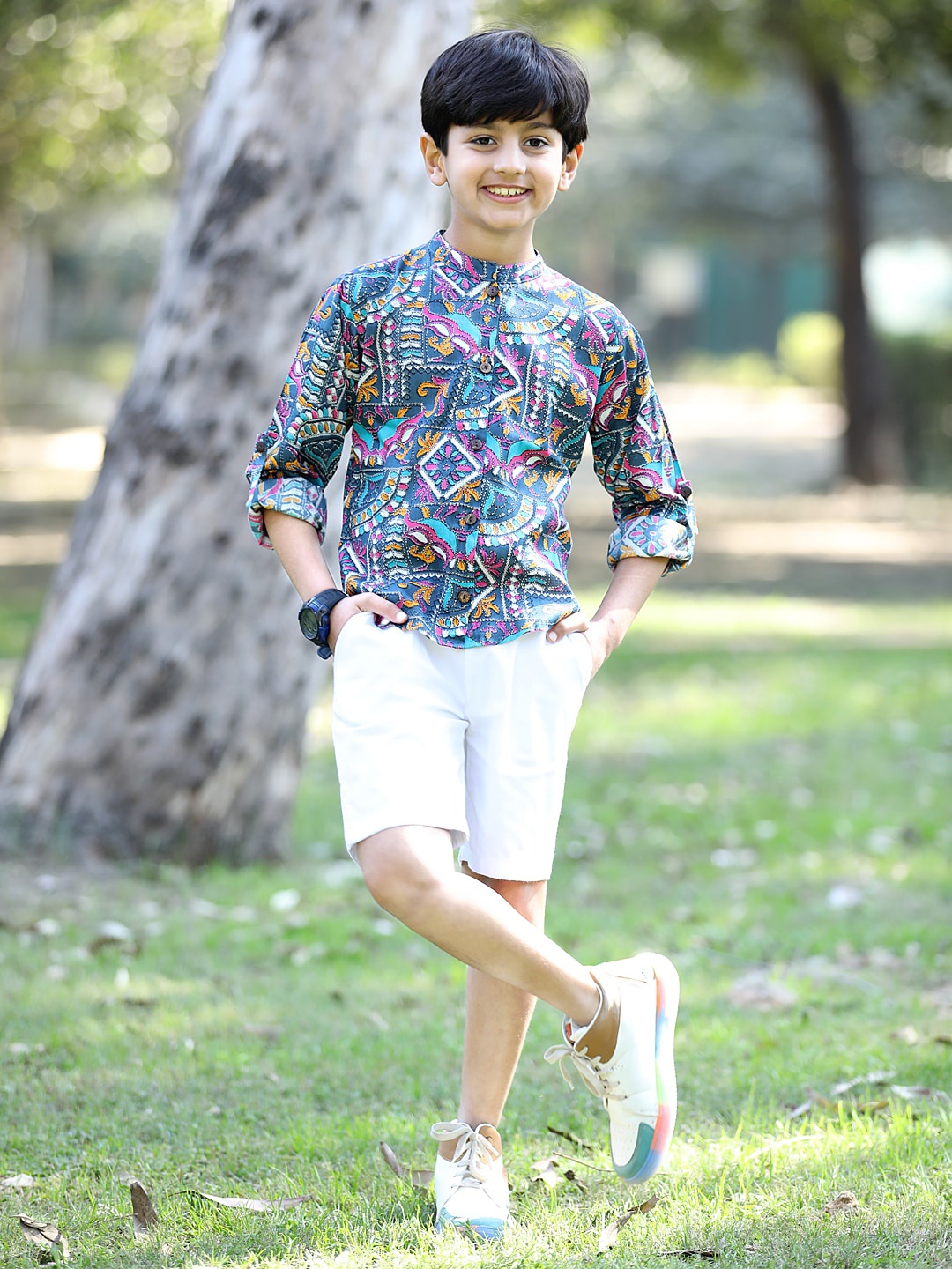 

Cutiekins Boys Printed Mandarin Collar Shirt with Shorts, Blue