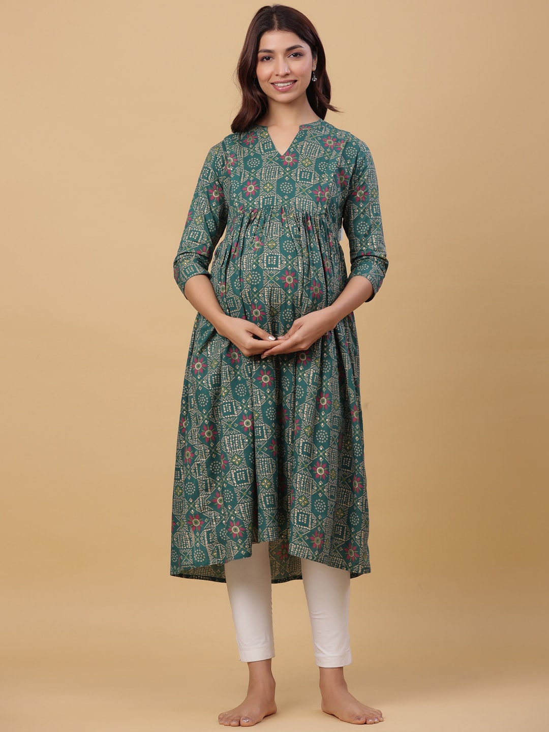 

CRAFIQA Women Ethnic Motifs Printed Cotton Maternity Anarkali Kurta, Green