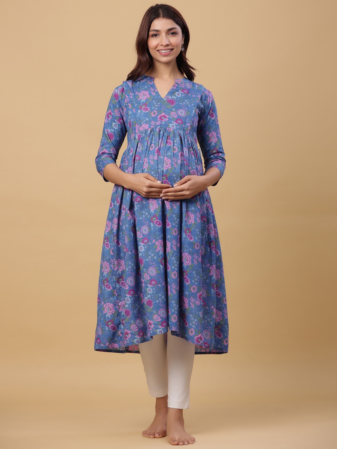 

CRAFIQA Floral Printed V-Neck Pure Cotton Maternity Empire Kurti, Blue