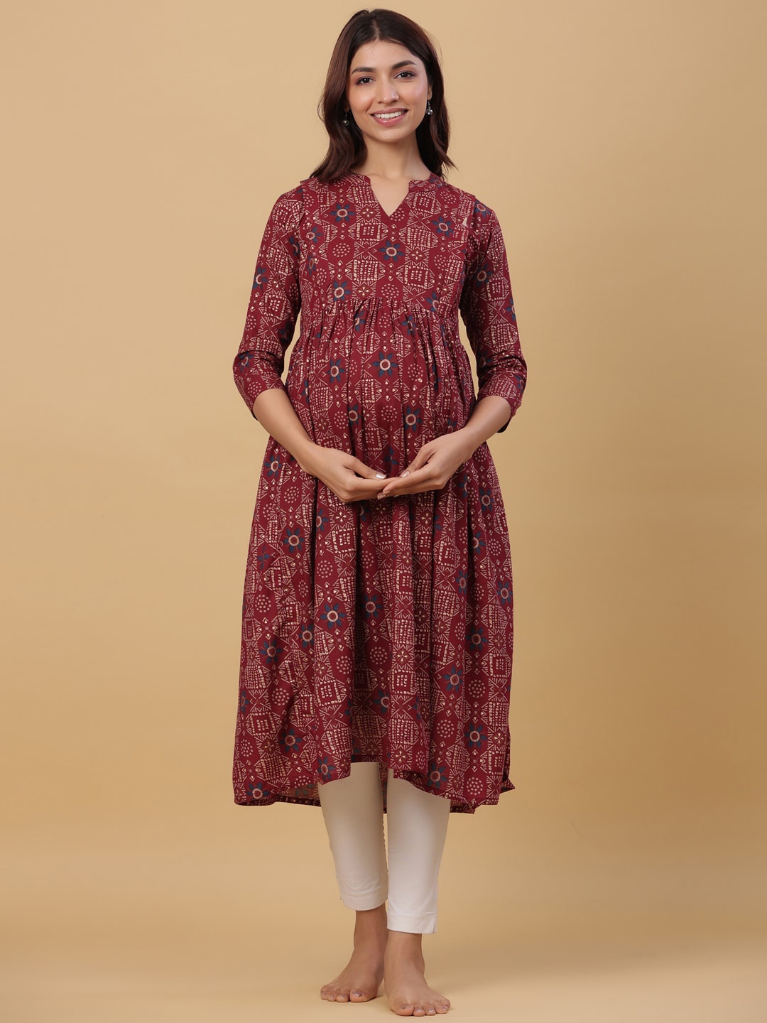 

CRAFIQA Women Ethnic Motifs Printed Cotton Maternity Anarkali Kurta, Maroon