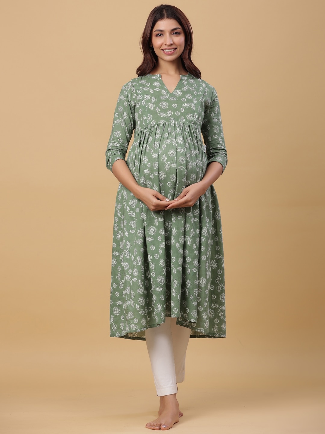 

CRAFIQA Women Floral Printed Cotton Maternity Anarkali Kurta, Green