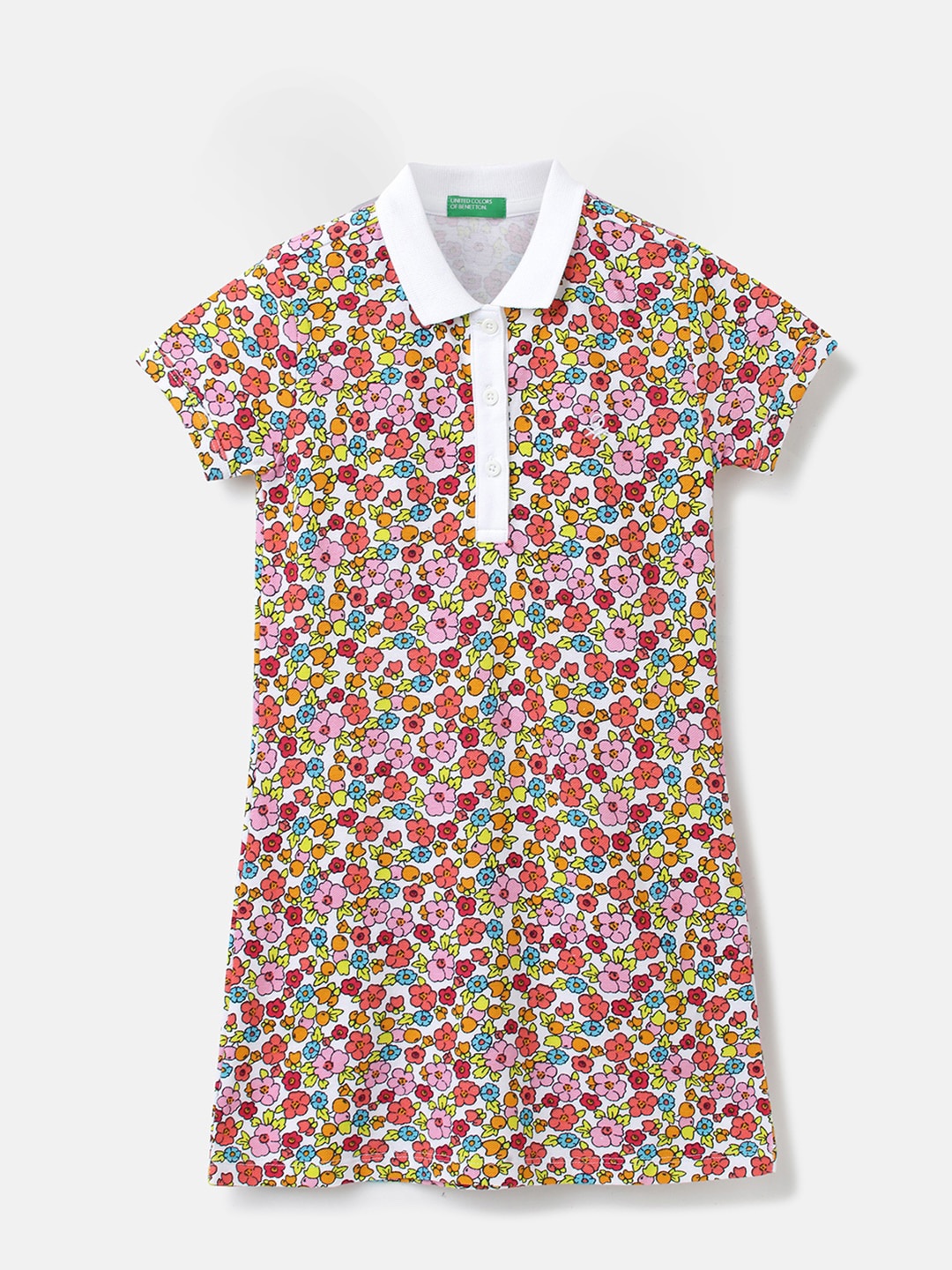 

United Colors of Benetton Girls Floral Printed Cotton T-shirt Dress, White