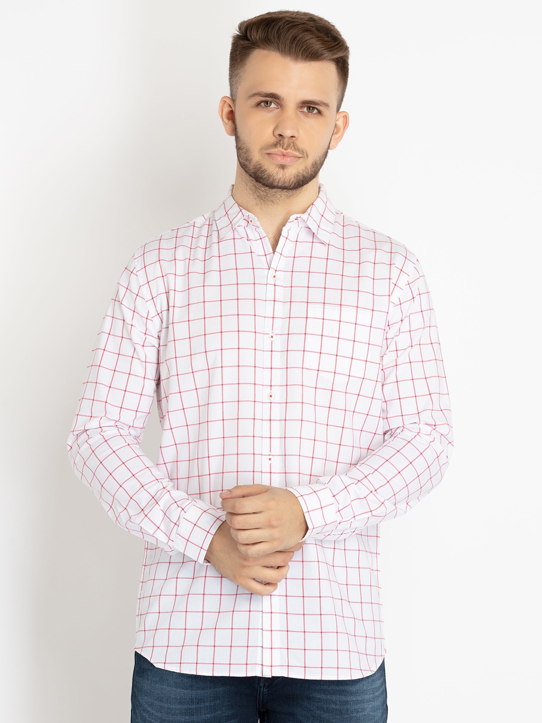 

Status Quo Standard Slim Fit Grid Tattersall Checked Cotton Casual Shirt, White