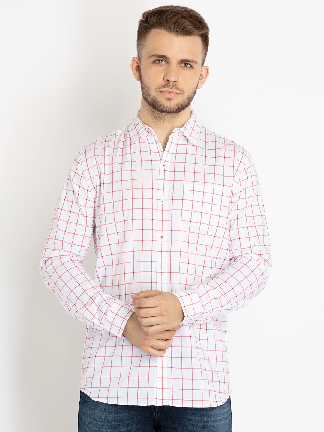 

Status Quo Plus Size Grid Tattersall Checks Cotton Casual Shirt, White