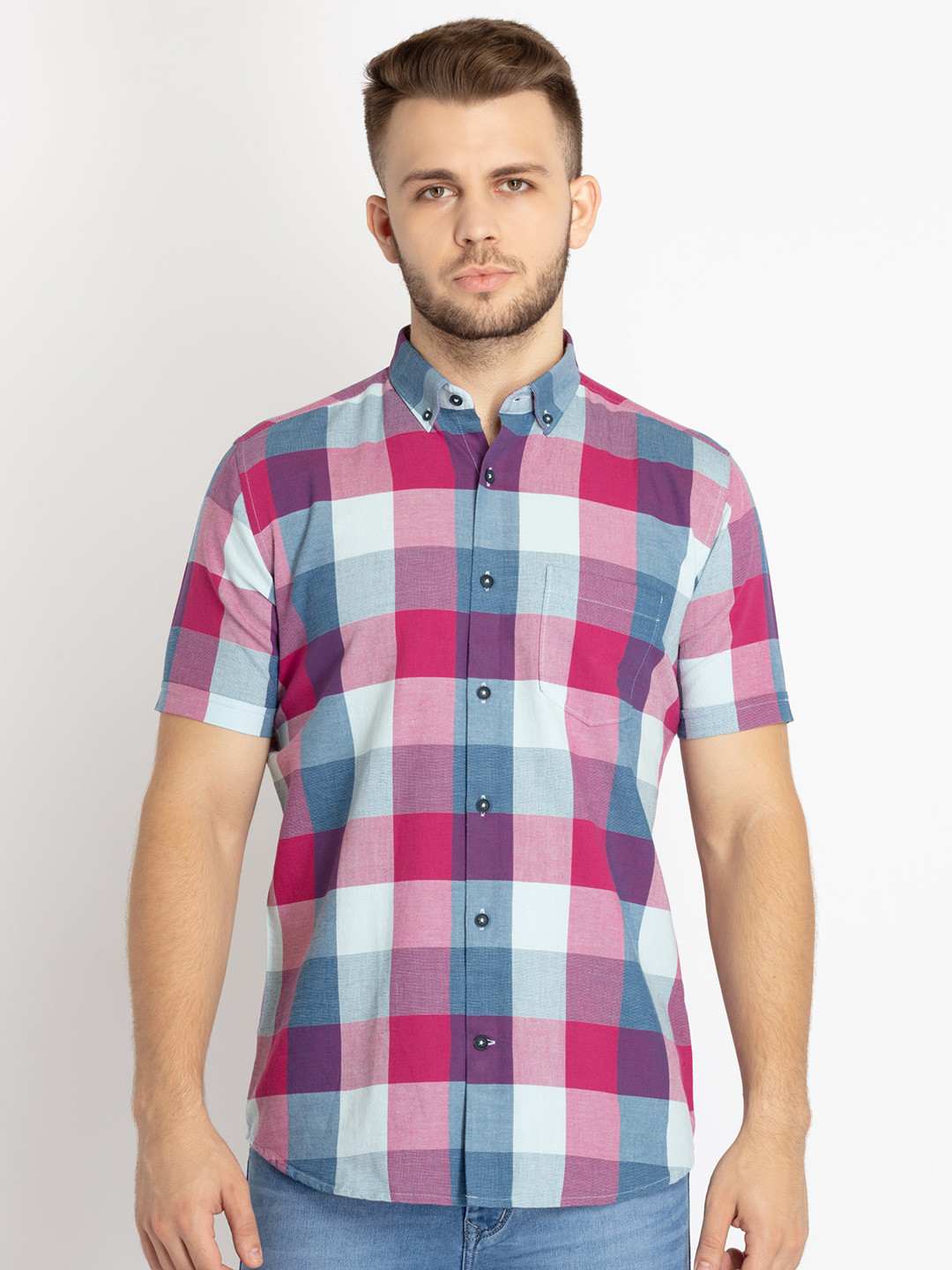 

Status Quo Standard Button-Down Collar Slim Fit Buffalo Checked Cotton Casual Shirt, Red
