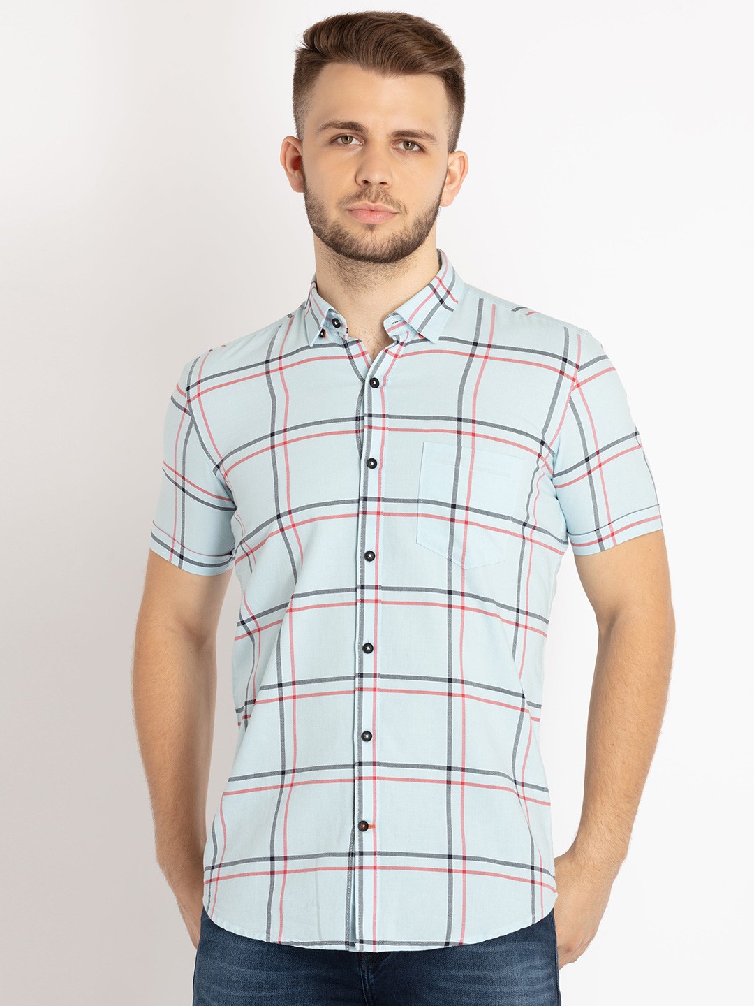 

Status Quo Standard Slim Fit Windowpane Checks Checked Cotton Casual Shirt, Blue